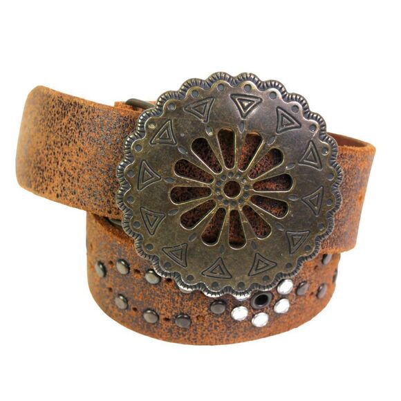 Aldo BROWN GENUINE LEATHER 1 3/8"Wd STUDDED DRESS CASUAL WOMEN'S BELT Sz L (C85 - Picture 1 of 11